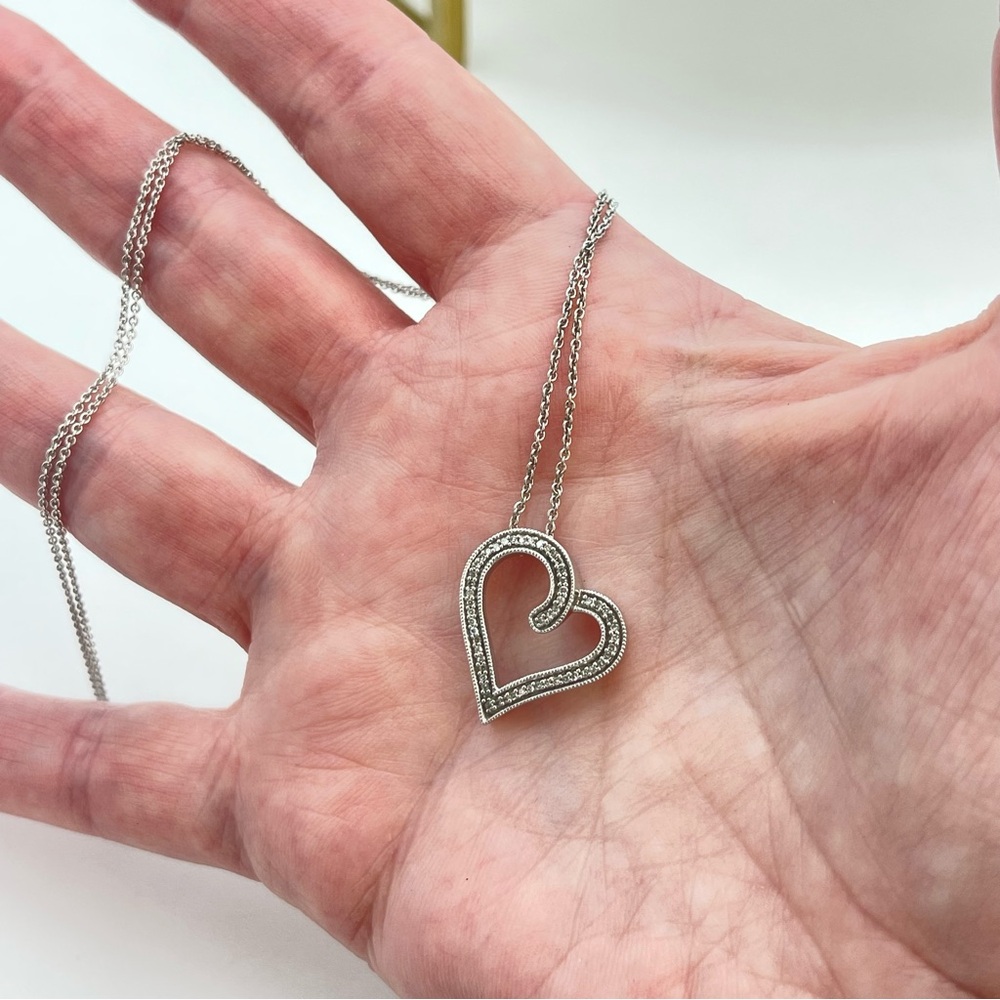 Silver & Diamond Open Heart Charm Pendant Necklace on Sterling Link Chain